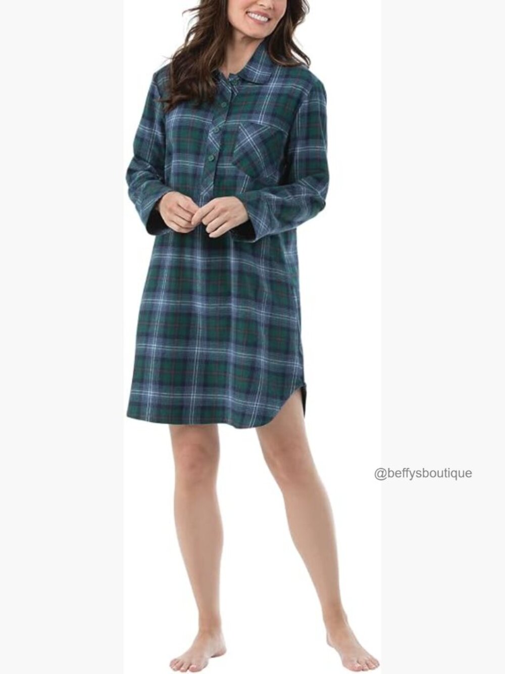 100% Cotton Flannel Nightgown Long Sleeve Button Down Plaid